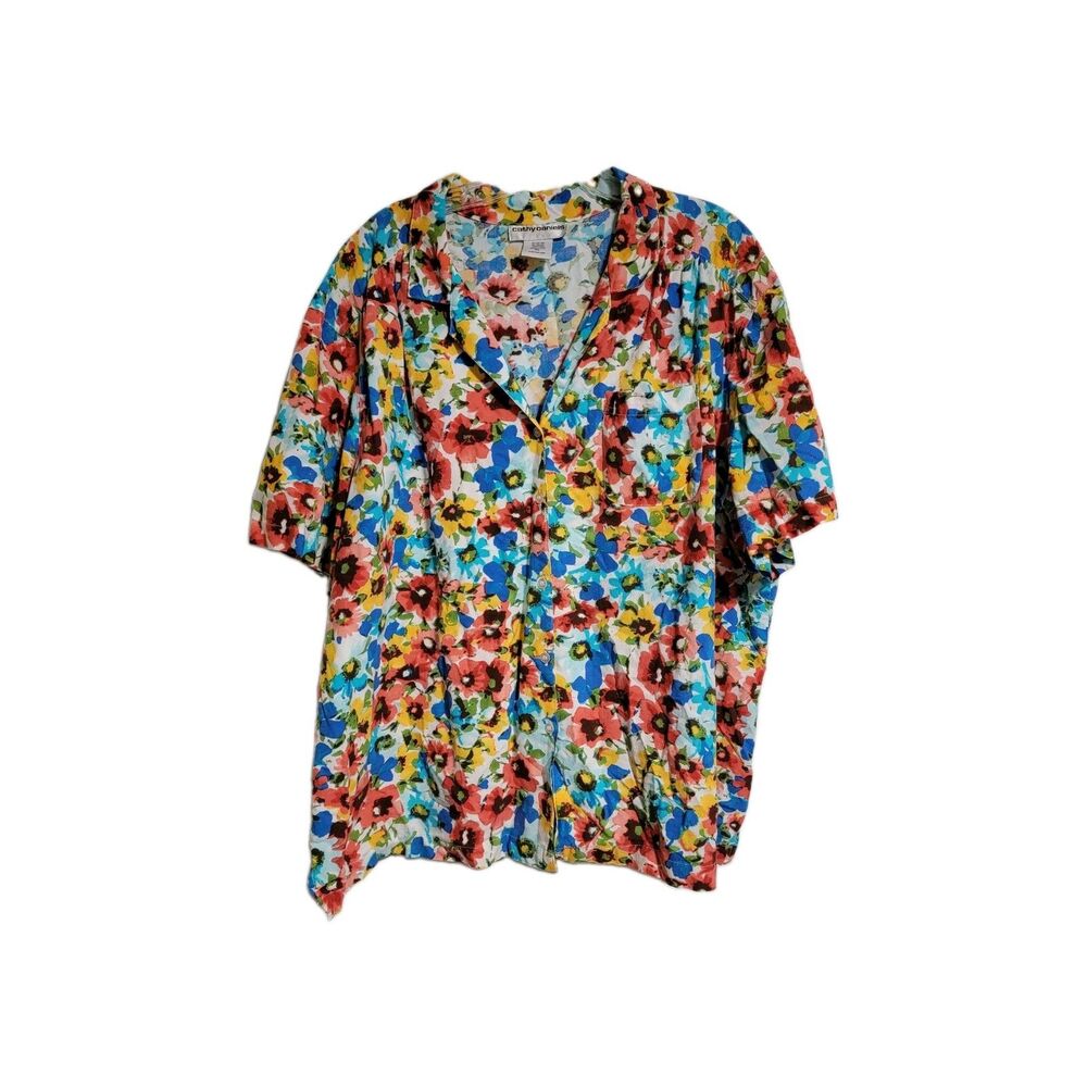 Cathy Daniels Women’s 2X Floral Button Front Blouse Cotton Rayon Short...